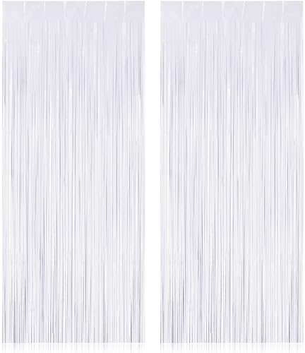Image of 2 Pack Fringe Curtains Backdrops, Foil Fringe Curtains, Door Streamers for Birthday Wedding Bridal Shower Holiday Graduation Party Decorations, Photo Booth Backdrops, White