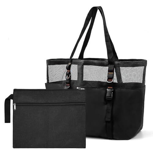 Oupuven Große Strandtasche Familie 42 * 39 * 20cm Mesh Strandtasche XXL, Beach Bag Tote Bag Damen mit Reißverschluss mit...