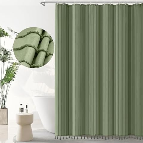 Sage Green Boho Shower Curtain Fabric Striped Shower Curtains with Tassles, Modern Farmhouse Minimalist Cute Shower Curtain,72 X 72 inch, Dark Green Cover