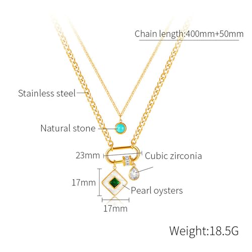 HETICA Gold Mother of Pearl Pendant Women Necklace, Double Layers Turquoise Cubic Zirconia Necklace Stainless Steel Delicate Fashionable Collar Chain Gift4