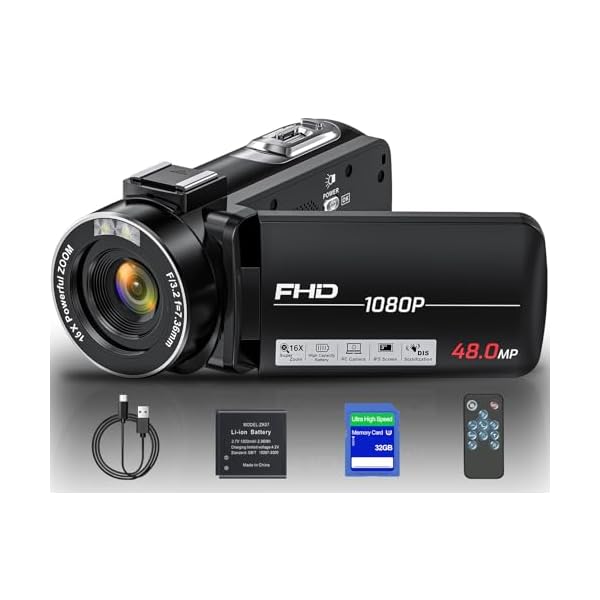 Video Camera Camcorder, Full HD 1080P Camcorder 48MP 16X Digital Video Camera for YouTube, 3.0 Inch IPS Screen Vlogging Camera Recorder with Remote Control, 32GB Card and Battery