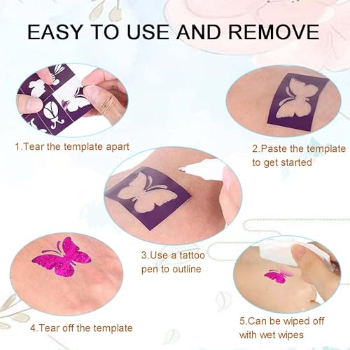 6 Tattoo Stifte Kinder,Glitzer Tattoo Stifte für die Haut,Glitzer Tattoo Set Kinder,mit 2 Diamantaufkleber und 9 Schablone,Tattoo Gelstifte Set für Jungen Mädchen Halloween Party