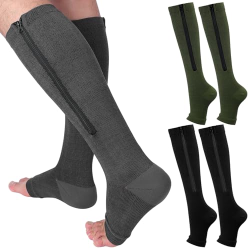 Image of Nuanchu 3 Pairs Open Toe Zipper Compression Socks 20-30mmhg Zipper Compression Toeless Knee High Socks for Men Swelling Edema