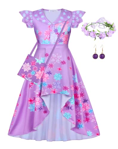 Eledobby Mädchen Isabella Prinzessin Kostüm mit Kreuztasche Kinder Cosplay Kostüm Encanto Dress Up Rüschen Midikleider für Schule Geburtstagsgeschenk Party Karneval Violett 7-8 Jahre Cover
