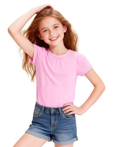 Image of Girls Short Sleeve Shirts Cotton Crew Neck T-Shirt Kids Plain Tees Tops Size 5-12 Years