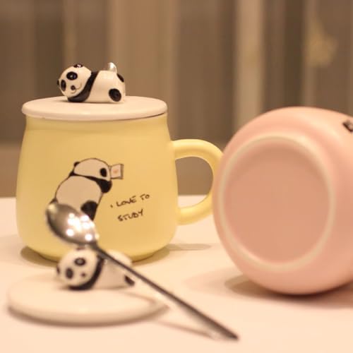 Image of NYRWANA Coffee Mug, Gift for Woman, Birthday Present for Girlfriend, Present for Wife Birthday, Mugs for Present, Panda Mug with Lid & Spoon (Yellow-350 ml)