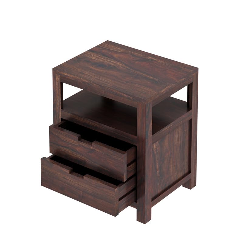 Image of Solid Sheesham Wood Bedside Table with 2 Drawer & 1 Open Shelf Storage for Bedroom, End Table, Side Table for Living Room Home (Walnut Finish)