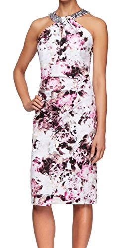 Alex Evenings Womens White Embellished Floral Sleeveless Halter Midi Sheath Evening Dress Size 10P
