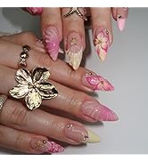 24Pcs Pink Flower Press on Nails Medium Almond French Tip Fake Nails 3D Summer Floral with Gold S...