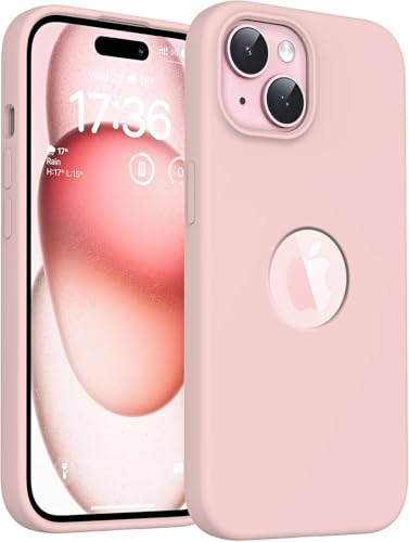 Image of VONZEE Microfiber Logo Cut Cover Compatible for iPhone 15 Plus Case Liquid Silicone Cases Full Body 4 Layer Protective Covers Shockproof Back Cover with High Raised Camera Lips (6.7 inch, Sand Pink)