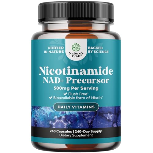 Vitamin B3 Niacinamide 500mg Capsules - Mitochondrial Energy and Potent Skin Supplement - AKA Vitamin B3 Niacin Flush Free and Nicotinamide 500mg - Flush Free Niacin Supplement - 240 Count