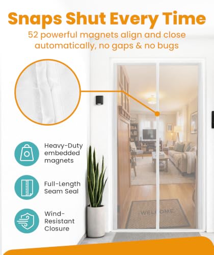 Image of Flux Phenom Magnetic Screen Door (White) - Bugs Out, Breeze in - 9min Install Auto-Sealing Heavy Duty Double Stitched Mesh, 52 Magnets, Hands Free Patio Doors Net, Pet & Kid Friendly, 38 x 82 Inch