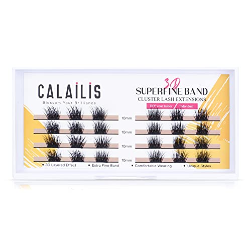 Individual Cluster Lashes,CALAILIS Individual DIY Flare Eyelash Extensions 3D False Eyelash Superthin Superfine Black Glue-based Band 10mm