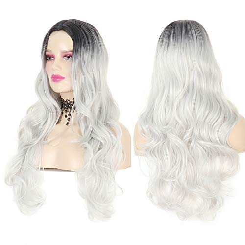 Altaba Long Wavy Wigs Ombre gray Wig Synthetic Wigs Middle Part Natural Looking Heat Resistant Party Cosplay Full Wig for Women