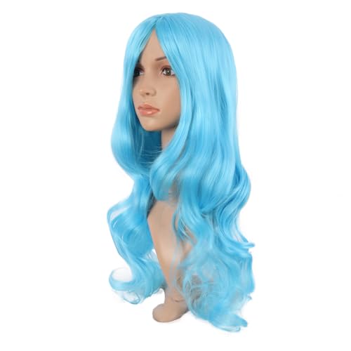 Image of MapofBeauty 24 Inch Long Wavy Side Bangs Party Anime Cosplay Wig, Sky Blue | 60 cm Synthetic Wig, Women, Charming