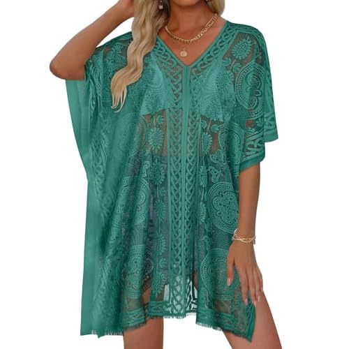 Womens Lace Bathing Suit Cover Up V Neck Swimsuit Coverup Summer Swim Coverups Loose Bikini Beach Dress (Green)