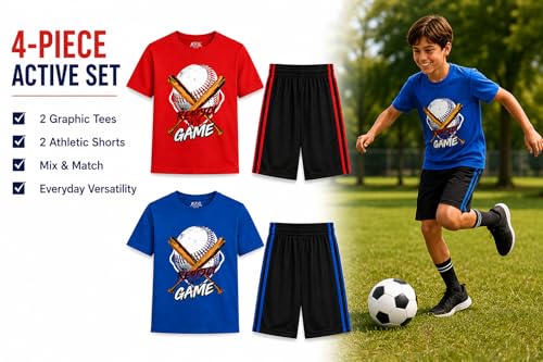 Image of Pro Athlete Boys Shorts Sets - 4 Piece Dry Fit Short Sleeve Crewneck Graphic Tee and Performance Shorts for Boys (Sizes 8-16)