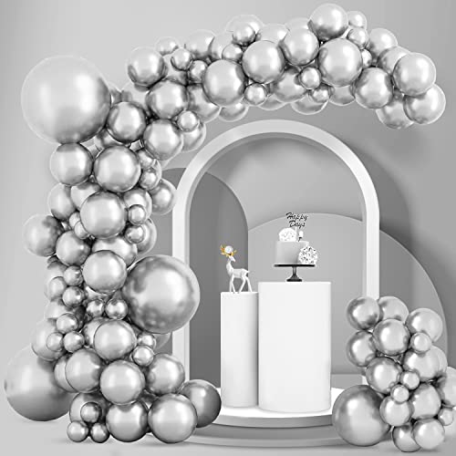 Larber 100 Pièces Arche Ballon Argent Kit Arche Ballon Argenté Métallique Deco Noces d'argent Mariage Anniversaire Garçon Fille Baptême Bébé Baby Shower...