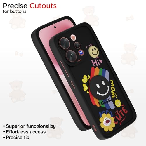 Image of Pikkme Back Cover for Vivo V70 5G | Soft Silicone| Cute Rainbow Smile & 3D Cartoon Flower Design | Shockproof Raised Camera Protection Bumper Case (Black)