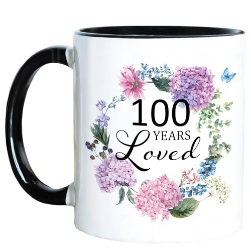AliCarr 100th Birthday Gift Ideas For Grandma, 100 Years Loved Floral Coffee Mug With Black Handle,...