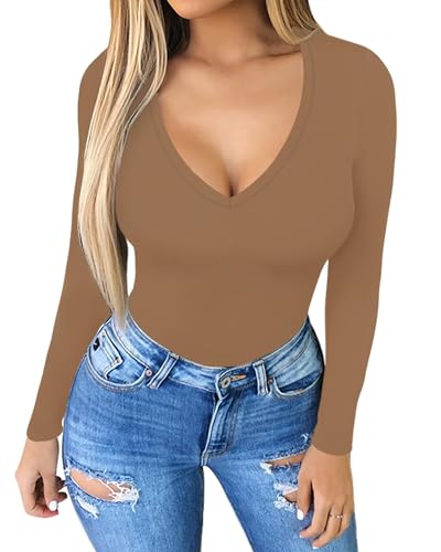 Image of MANGOPOP Women's Scoop Neck Long Sleeve Stretchy Basic Bodysuit Jumpsuits