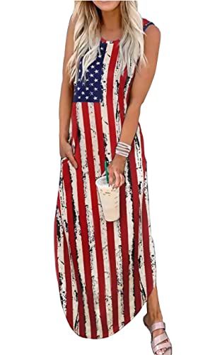 Image of LLHXRUI American Flag Maxi Dress for Women 4th of July Patriotic Long Tank Dress Casual Loose Pocket Dresses