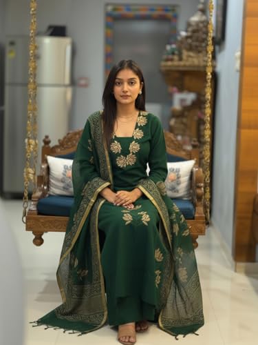 Image of ANNI Designer Women's Rayon Viscose Straight fit Printed Embroidered Kurta with Pant & Dupatta | Ethnic Kurta Set for Women | Daily, Office & Festive Traditional
