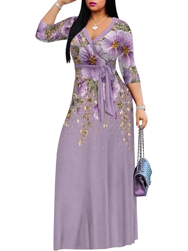 Image of PinkPatty Plus Size Maxi Dresses for Women Casual Flowy Long Dress 3 /4 Sleeve V Neck Wrap Dress with Belt
