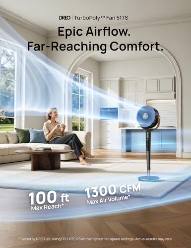 Image of DREO Smart Fan for Bedroom, 150+120 Omni-directional Oscillating, Quiet 20dB Fan, 100ft Air Circulator Pedestal Fan with DC Motor, 12 Speeds, 6 Modes, 37-42 inch Height, Wi-Fi /Voice /Alexa，RGB LED