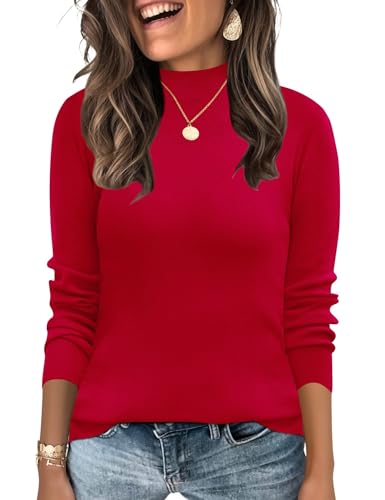 LOMON Womens Sweater Mock Turtleneck Long Sleeve Knitted Fall Winter Dressy Casual High Neck Pullover Sweaters Ladies Soft Lightweight Basic Tops Red