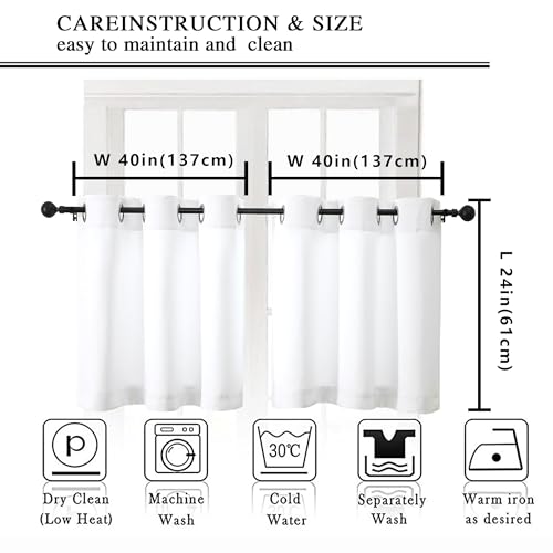 Image of Simplebrand Pure White Short Kitchen Curtains 24 Inch Length 2 Panels Set, Light Filtering Small Windows Curtain for Bathroom, Cabinet, Basement, RV Camper, Privacy Soft Short Drapes, 40 x 24 Inch