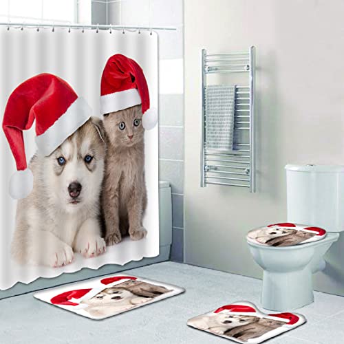 Duschvorhang Weihnachtstiere Badezimmerteppich 4-Teiliges Set, Duschvorhang 180x180 Polyester+Badematte rutschfeste…