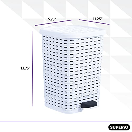 Image of Superio Mini Trash Can with Foot Pedal Small Outdoor Garbage Can with Lid, 1.5 Gallon Plastic Waste Basket for Bathroom, Bedroom, Kitchen, Office, Patio (Wicker Smoke 6 QT.) (White, 3 Gallon)