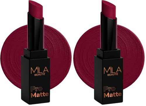 Image of Mila Beaute Pro Matte Lipstick | Highly Pigmented & Long lasting | Semi Matte Finish | Light Weight Lipstick | Single Swipe Application | Luxurious Lip Color | Shade - (Noorjahan, 4.2g) (Pack of 2)
