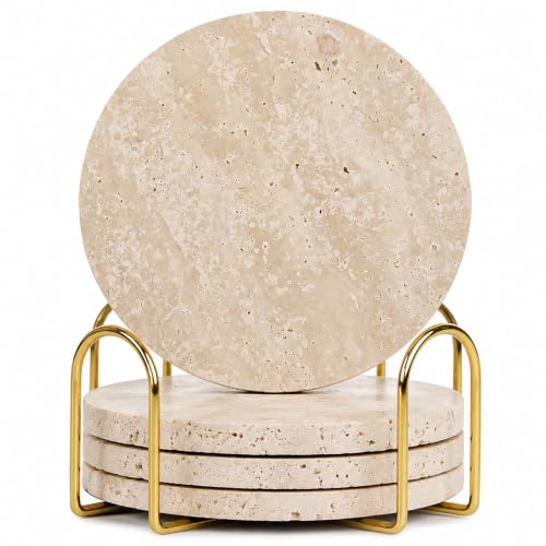 Marmor Juego de 4 posavasos de mármol travertino natural para bebidas, piedra absorbente con soporte, posavasos de cerámica, protección de...