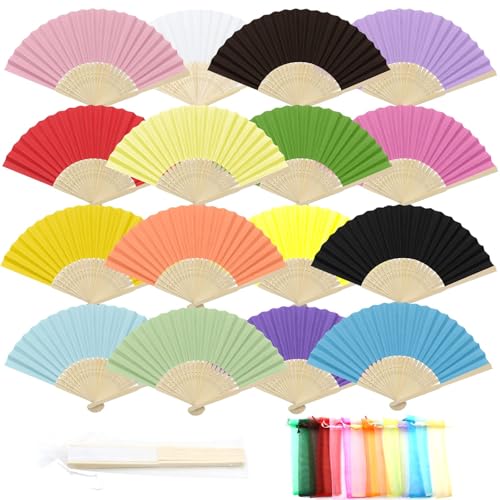 ZOCONE 16 leques de casamento coloridos para convidados 16 sacos de organza, leques de papel dobráveis de bambu de mão para presente de casamento, baile, lembrança de festa, decoração de festa