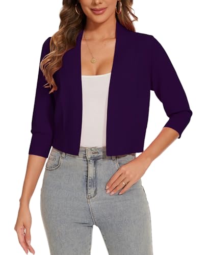 Image of Women 3 /4 Sleeve Cropped Cardigan Lightweight Casual Open Front Bolero Shrug Sweaters