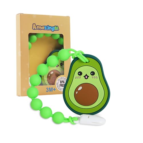 Image of Baby Food Grade Silicone Teether Toy with Pacifier Clip Holder,Teething Toys Gift Set for 3 Months+ Boys and Girls,Freezer Safe,BPA Free. (Avocado)