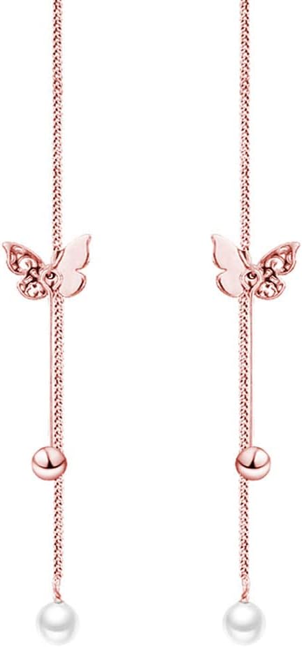 SLUYNZ Sterling Silver Butterfly Threader Earrings Dangle Chain for Women Teens Pearl Long Dangle Earrings Tassel