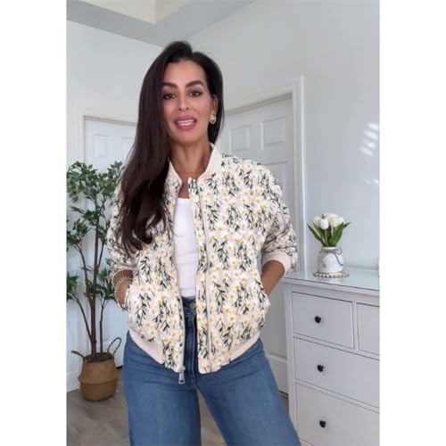 Shiyifa Women's Embroidered Daisy Cropped Bomber Jacket Long Sleeve Quilted Puffer Jackets Padded Coat Outerwear3