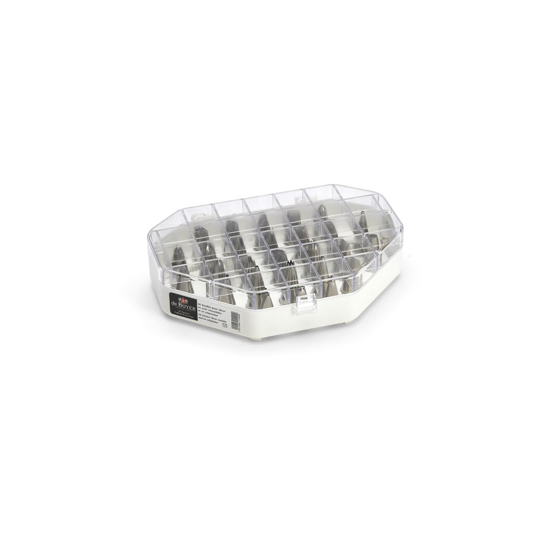 De Buyer - Coffret de 26 douilles en inox spéciales décor - 19,2 x 14 cm - Inox de Qualité Professionnelle, Soudure pour Hygiène Parfaite, S'Adaptent aux Poches Pâtissières