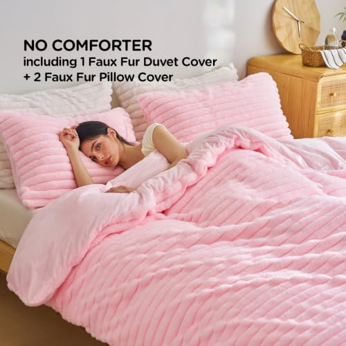 Image of Besfunny Pink Fluffy Comforter Cover Queen Size ,Plush Striped Bedding 3pcs Set(1 Queen Size Fuzzy Duvet Cover+2 Fur Pillow Cases ) Faux Fur Luxury Bed Set (Pink, Queen)
