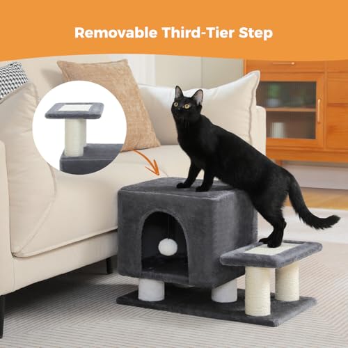 Image of 3-in-1 Dog Stairs & Cat Scratching Post with Condo, Pet Steps for High Bed, Sofa, Couch, Tall Cat Tower, High-Strength Board for Indoor Small Cats Kittens Dogs Climbing Playing, 3 Steps-Dark Grey
