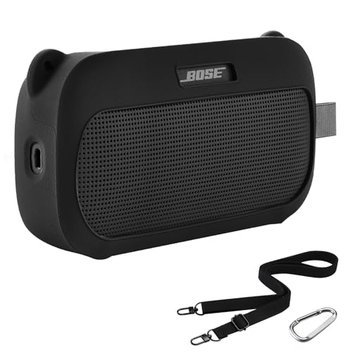 for Bose SoundLink Flex (第 2 世代) ワイヤレス スピーカー シリコン ケース、SoundLink Flex スピーカー用バックルと肩ストラップ付き旅行保護シリコン ケース (ブラク)