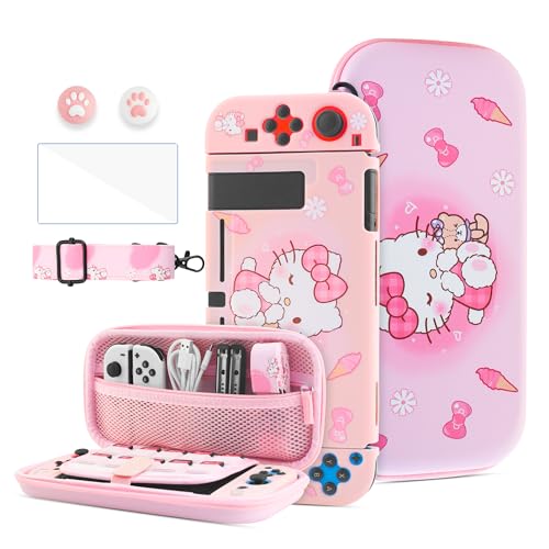 HYPERCASE Pink Carrying Case for Nintendo Switch, Portable Accessories kit with Cute Switch Travel Bag of Hello Kitty, Protective Cover for NS, Screen Protector, Shoulder Strap & 2 Kawaii Thumb Caps