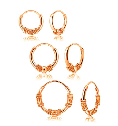 Hoops & Loops 925 Sterling Silver Set of 3 Pairs 10mm, 12mm & 14mm Bali and Bali Bead Endless Hoop Earrings for Women Men | Silver, Yellow & Rose Gold