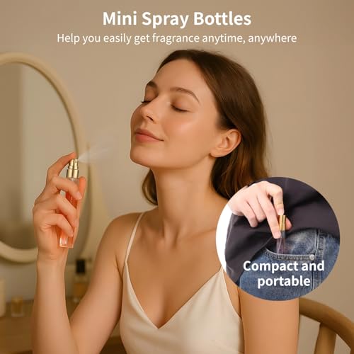 50 Pcs 10 ml Perfume Bottles - Refillable Glass Mini Spray Bottles, Portable Travel Sample Containers, Fine Mist Atomizers with Caps, Includes 2 Funnels and 2 Dispensers, Ideal for Liquids3