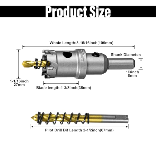 Image of SALI 1-1 /16 inch (27mm) TCT Hole Saw Kit Tungsten Carbide Tipped Hole Saw Drill Bit with Titanium-Plated Pilot Drill bit for Metal, Stainless Steel, Iron, Wood, Plastic