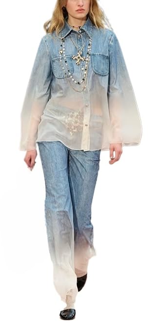 Women's Old Money Aesthetics Gradient Denim Structured Luxury Sheer Chiffon Two - Piece Set