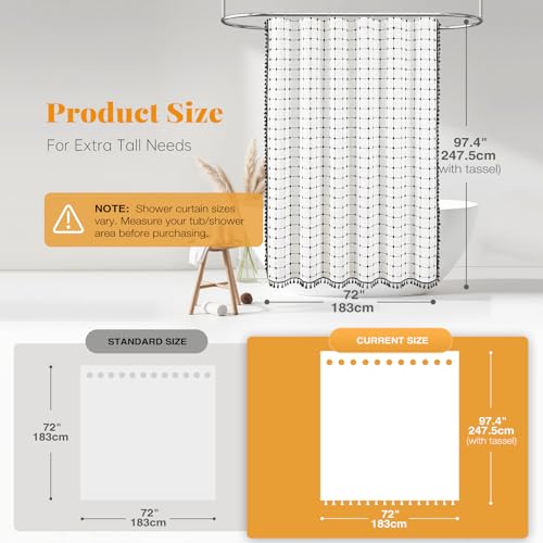 Image of BTTN Extra Long Shower Curtain - 72x96 Inch Long Boho Chic Linen Fabric Heavy Duty Shower Curtain Set with Hooks, Bohemian Farmhouse Shabby Chic Tassel Shower Curtains for Bathroom - White and Black